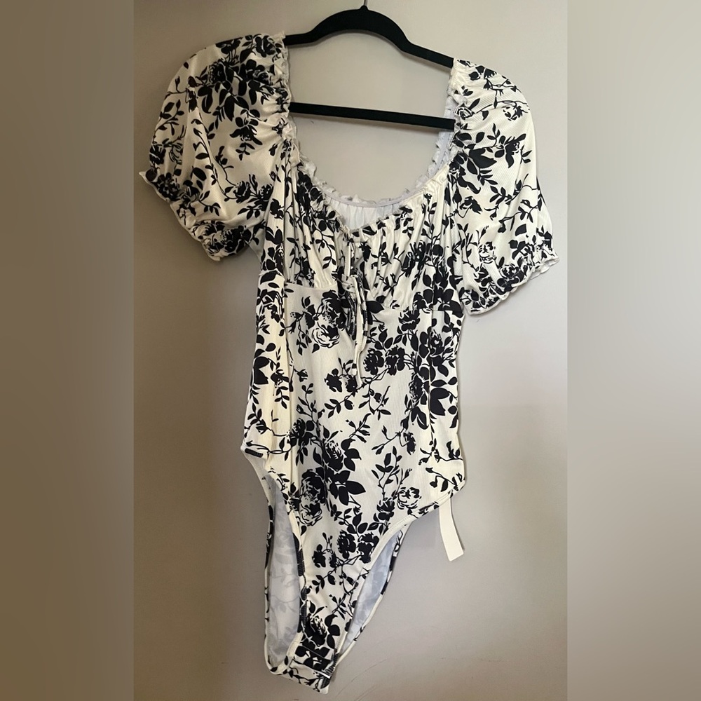 Elegant Black and White Floral Bodysuit